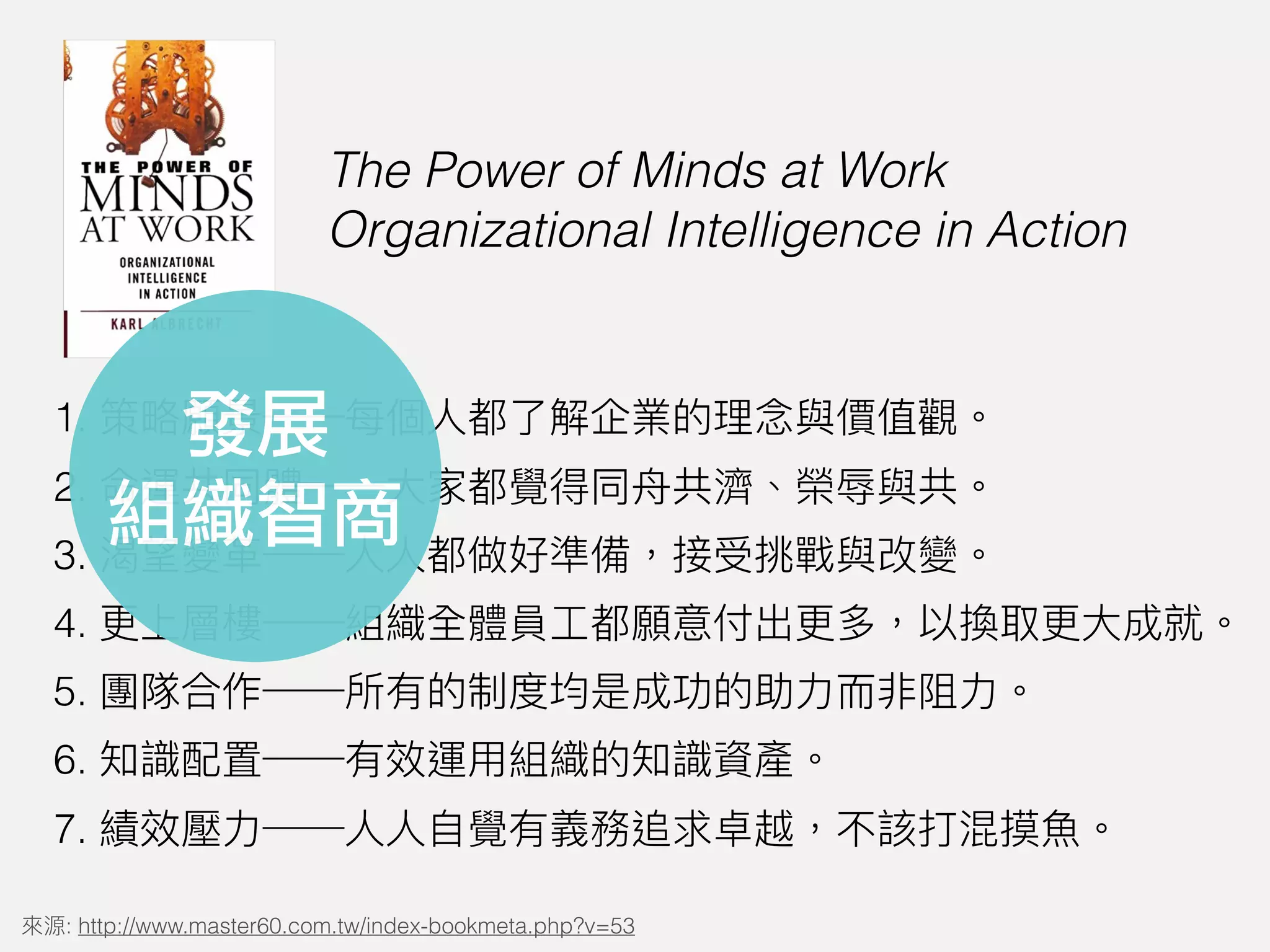 1.
2.
3.
4.
5.
6.
7.
: http://www.master60.com.tw/index-bookmeta.php?v=53
The Power of Minds at Work
Organizational Intelligence in Action
發展
組織智商
 