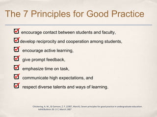 The 7 Principles for Good Practice
   encourage contact between students and faculty,

   develop reciprocity and cooperation among students,

    encourage active learning,

    give prompt feedback,

    emphasize time on task,

    communicate high expectations, and

    respect diverse talents and ways of learning.



         Chickering, A. W., & Gamson, Z. F. (1987, March). Seven principles for good practice in undergraduate education.
              AAHEBulletin 39: 3-7, March 1987
 