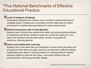 *Five National Benchmarks of Effective
Educational Practice
  Level of Academic Challenge
  Challenging intellectual and c...