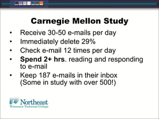 Carnegie Mellon Study Receive 30-50 e-mails per day Immediately delete 29%  Check e-mail 12 times per day Spend 2+ hrs . reading and responding to e-mail Keep 187 e-mails in their inbox  (Some in study with over 500!) 
