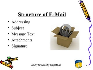 Structure of E-Mail
•   Addressing
•   Subject
•   Message Text
•   Attachments
•   Signature



              Amity University Rajasthan   6
 