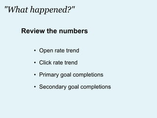 "What happened?" Open rate trend Click rate trend Primary goal completions Secondary goal completions Review the numbers 
