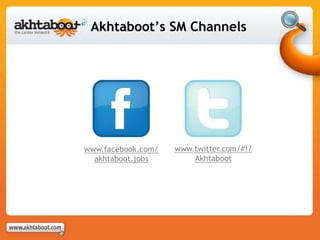 www.facebook.com/
akhtaboot.jobs
www.twitter.com/#!/
Akhtaboot
Akhtaboot’s SM Channels
 
