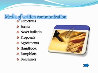 Directives
Forms
News bulletin
Proposals
Agreements
Handbook
Pamphlets
Brochures
Media of written communication
 