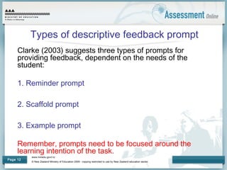 www.minedu.govt.nz
© New Zealand Ministry of Education 2009 - copying restricted to use by New Zealand education sector.
Page 12
Types of descriptive feedback prompt
Clarke (2003) suggests three types of prompts for
providing feedback, dependent on the needs of the
student:
1. Reminder prompt
2. Scaffold prompt
3. Example prompt
Remember, prompts need to be focused around the
learning intention of the task.
 
