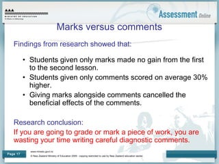 www.minedu.govt.nz
© New Zealand Ministry of Education 2009 - copying restricted to use by New Zealand education sector.
Page 17
Marks versus comments
Findings from research showed that:
• Students given only marks made no gain from the first
to the second lesson.
• Students given only comments scored on average 30%
higher.
• Giving marks alongside comments cancelled the
beneficial effects of the comments.
Research conclusion:
If you are going to grade or mark a piece of work, you are
wasting your time writing careful diagnostic comments.
 