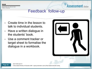www.minedu.govt.nz
© New Zealand Ministry of Education 2009 - copying restricted to use by New Zealand education sector.
Page 25
Feedback follow-up
- Create time in the lesson to
talk to individual students.
- Have a written dialogue in
the students’ book.
- Use a comment tracker or
target sheet to formalise the
dialogue in a workbook.
 