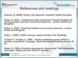 www.minedu.govt.nz
© New Zealand Ministry of Education 2009 - copying restricted to use by New Zealand education sector.
Page 29
References and readings
Absolum, M. (2006). Clarity in the classroom. Auckland: Hodder Education
Clarke, S. (2001). Unlocking formative assessment: Practical strategies for
enhancing pupils’ learning in the primary classroom. London: Hodder and
Stoughton.
Clarke, S. (2003). Enriching Feedback in the primary classroom. London:
Hodder and Stoughton.
Hattie, J. (2009). Visible Learning. London and New York: Routledge
Tunstall, P., & Gipps, C. (1996). Teacher feedback to young children in
formative assessment: A typology. British Educational Research Journal, 22
(4).
Wiliam, D. (1999). Formative Assessment in Mathematics. The Mathematical
Association. Equals. Summer Volume 5, Number 2.
 