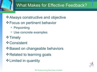 What Makes for Effective Feedback? Always constructive and objective Focus on pertinent behavior Pinpointing Use concrete examples Timely Consistent Based on changeable behaviors Related to learning goals Limited in quantity 