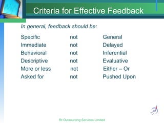 Criteria for Effective Feedback  In general, feedback should be: Specific not  General  Immediate not Delayed Behavioral not Inferential Descriptive not Evaluative More or less   not    Either – Or Asked for not Pushed Upon   