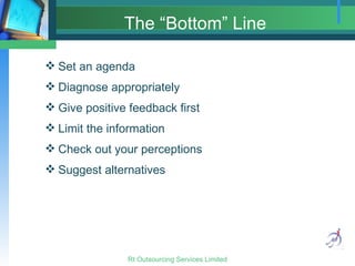 The “Bottom” Line Set an agenda Diagnose appropriately Give positive feedback first Limit the information Check out your perceptions Suggest alternatives 