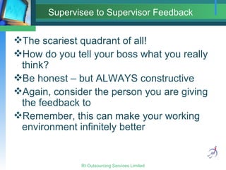 Supervisee to Supervisor Feedback The scariest quadrant of all! How do you tell your boss what you really think? Be honest – but ALWAYS constructive Again, consider the person you are giving the feedback to Remember, this can make your working environment infinitely better 