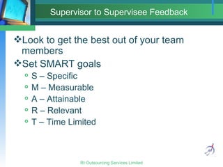 Supervisor to Supervisee Feedback Look to get the best out of your team members Set SMART goals S – Specific M – Measurable A – Attainable R – Relevant T – Time Limited 