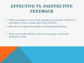 EFFECTIVE VS. INEFFECTIVE 
FEEDBACK 
• With your partner, focus on the examples you deemed “ineffective” 
and improve them to make them more effective. 
• Record your improved examples on the provided handout. 
• Share your results with the others in your group and provide 
feedback to them. 
 