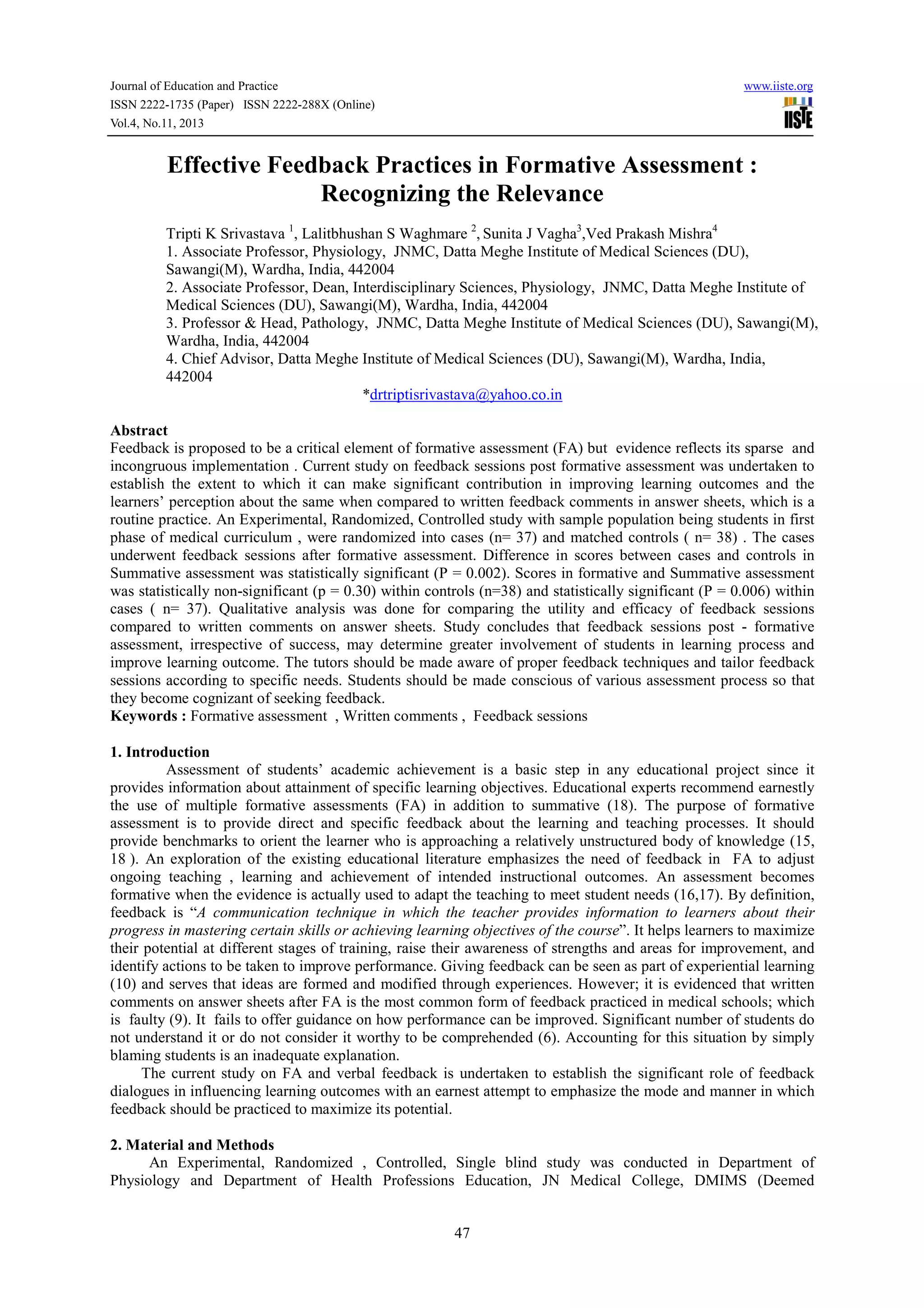 Effective feedback practices in formative assessment recognizing the ...