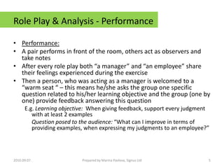Role Play & Analysis - PerformancePerformance: A pair performs in front of the room, others act as observers and take notesAfter every role play both “a manager” and “an employee” share their feelings experienced during the exerciseThen a person, who was acting as a manager is welcomed to a “warm seat “ – this means he/she asks the group one specific question related to his/her learning objective and the group (one by one) provide feedback answering this questionE.g. Learning objective:  When giving feedback, support every judgment with at least 2 examplesQuestion posed to the audience: “What can I improve in terms of providing examples, when expressing my judgments to an employee?”2010.09.07.5Prepared by Marina Pavlova, Signus Ltd