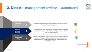 be transformed
2. Detect – management reviews – automated.
9/22/2023 5
1
align analytics to
Strategic Vision
1
Predictive
detection
2
Internal
process
efficiency
3
Robotic Process
Automation
(RPA)
Threat assessment identifies current and future risks to the current
state of fraud management.
Optimization of fraud management processes and tools to develop
appropriate customer authentication strategies, business rules and
other anti-fraud measures
Eliminate manual checks. Deploy robotic process automation (RPA) to
capture and interpret applications for processing a transaction,
manipulating data, triggering responses and communicating with
other digital systems.
 