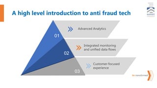 be transformed
PROJECT
INNOVATION
01
02
03
Advanced Analytics
Integrated monitoring
and unified data flows
Customer-focused
experience
A high level introduction to anti fraud tech
 