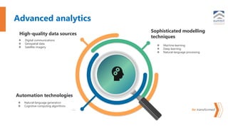 be transformed
High-quality data sources
Advanced analytics
Sophisticated modelling
techniques
Automation technologies
 Digital communications
 Geospatial data
 Satellite imagery
 Natural-language generation
 Cognitive-computing algorithms
 Machine learning
 Deep learning
 Natural-language processing
 