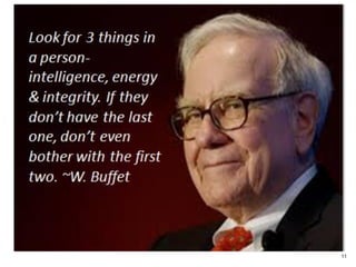 Investors look for:
• Integrity
• Passion
• Experience
• Knowledge
• Skill
• Leadership
• Commitment
• Vision
• Realism
• Coach-ability
11
 