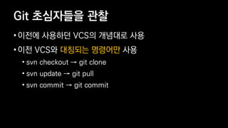 Git ????? ??
? ??? ???? VCS? ???? ??
? ?? VCS? ???? ???? ??
? svn checkout  git clone
? svn update  git pull
? svn commit  git commit
 