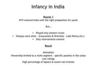 Infancy in India
Round: 1
MTV entered India with the right proposition for youth
But…
• Played only western music
• Veejays were alien – (Caucasians & Orientals – Luke Kenny etc;)
• Only international content
Result
Alienation
Viewership limited to a niche segment – specific pockets in the urban
Low ratings
High percentage of lapsers & aware non-trialists
 