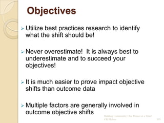Objectives
 Utilizebest practices research to identify
  what the shift should be!

 Never  overestimate! It is always best to
  underestimate and to succeed your
  objectives!

 Itis much easier to prove impact objective
  shifts than outcome data

 Multiple
         factors are generally involved in
  outcome objective shifts   Building Community: One Project at a Time!
                                            CG Hylton                     105
 