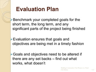 Evaluation Plan
Benchmark your completed goals for the
 short term, the long term, and any
 significant parts of the project being finished

Evaluation ensures that goals and
 objectives are being met in a timely fashion

Goals and objectives need to be altered if
 there are any set backs – find out what
 works, what doesn‟t
                                Building Community: One Project at a Time!
                                CG Hylton                                    112
 