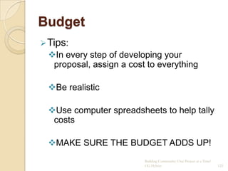 Budget
 Tips:
 In every step of developing your
  proposal, assign a cost to everything

 Be realistic

 Use computer spreadsheets to help tally
  costs

 MAKE SURE THE BUDGET ADDS UP!
                         Building Community: One Project at a Time!
                         CG Hylton                                    125
 