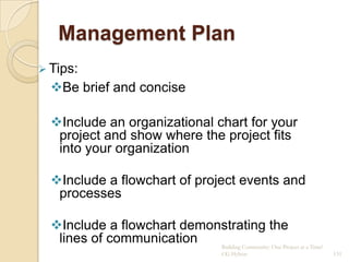 Management Plan
 Tips:
  Be brief and concise

  Include an organizational chart for your
   project and show where the project fits
   into your organization

  Include a flowchart of project events and
   processes

  Include a flowchart demonstrating the
   lines of communication   Building Community: One Project at a Time!
                                            CG Hylton                    131
 