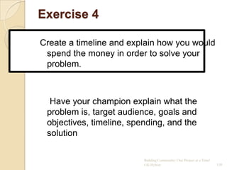Exercise 4

Create a timeline and explain how you would
 spend the money in order to solve your
 problem.



  Have your champion explain what the
 problem is, target audience, goals and
 objectives, timeline, spending, and the
 solution

                          Building Community: One Project at a Time!
                          CG Hylton                                    139
 