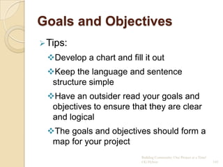 Goals and Objectives
 Tips:
 Develop a chart and fill it out
 Keep the language and sentence
  structure simple
 Have an outsider read your goals and
  objectives to ensure that they are clear
  and logical
 The goals and objectives should form a
  map for your project
                          Building Community: One Project at a Time!
                          CG Hylton                                    141
 
