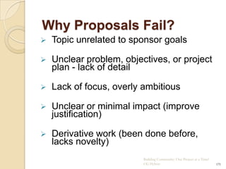Why Proposals Fail?
   Topic unrelated to sponsor goals

   Unclear problem, objectives, or project
    plan - lack of detail

   Lack of focus, overly ambitious

   Unclear or minimal impact (improve
    justification)

   Derivative work (been done before,
    lacks novelty)
                          Building Community: One Project at a Time!
                          CG Hylton                                    171
 