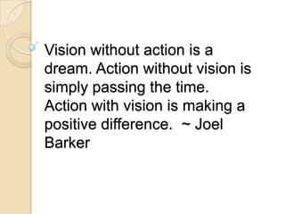 Vision without action is a
dream. Action without vision is
simply passing the time.
Action with vision is making a
positive difference. ~ Joel
Barker
 