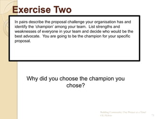 Exercise Two
In pairs describe the proposal challenge your organisation has and
identify the „champion‟ among your team. List strengths and
weaknesses of everyone in your team and decide who would be the
best advocate. You are going to be the champion for your specific
proposal.




      Why did you choose the champion you
                    chose?



                                               Building Community: One Project at a Time!
                                               CG Hylton                                    73
 