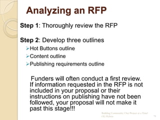 Analyzing an RFP
Step 1: Thoroughly review the RFP

Step 2: Develop three outlines
  Hot Buttons outline
  Content outline
  Publishing requirements outline

    Funders will often conduct a first review.
   If information requested in the RFP is not
   included in your proposal or their
   instructions on publishing have not been
   followed, your proposal will not make it
   past this stage!!!
                                Building Community: One Project at a Time!
                                CG Hylton                                    79
 