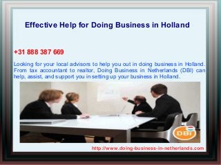 http://www.doing-business-in-netherlands.com
Effective Help for Doing Business in Holland
Looking for your local advisors to help you out in doing business in Holland.
From tax accountant to realtor, Doing Business in Netherlands (DBI) can
help, assist, and support you in setting up your business in Holland.
+31 888 387 669
 