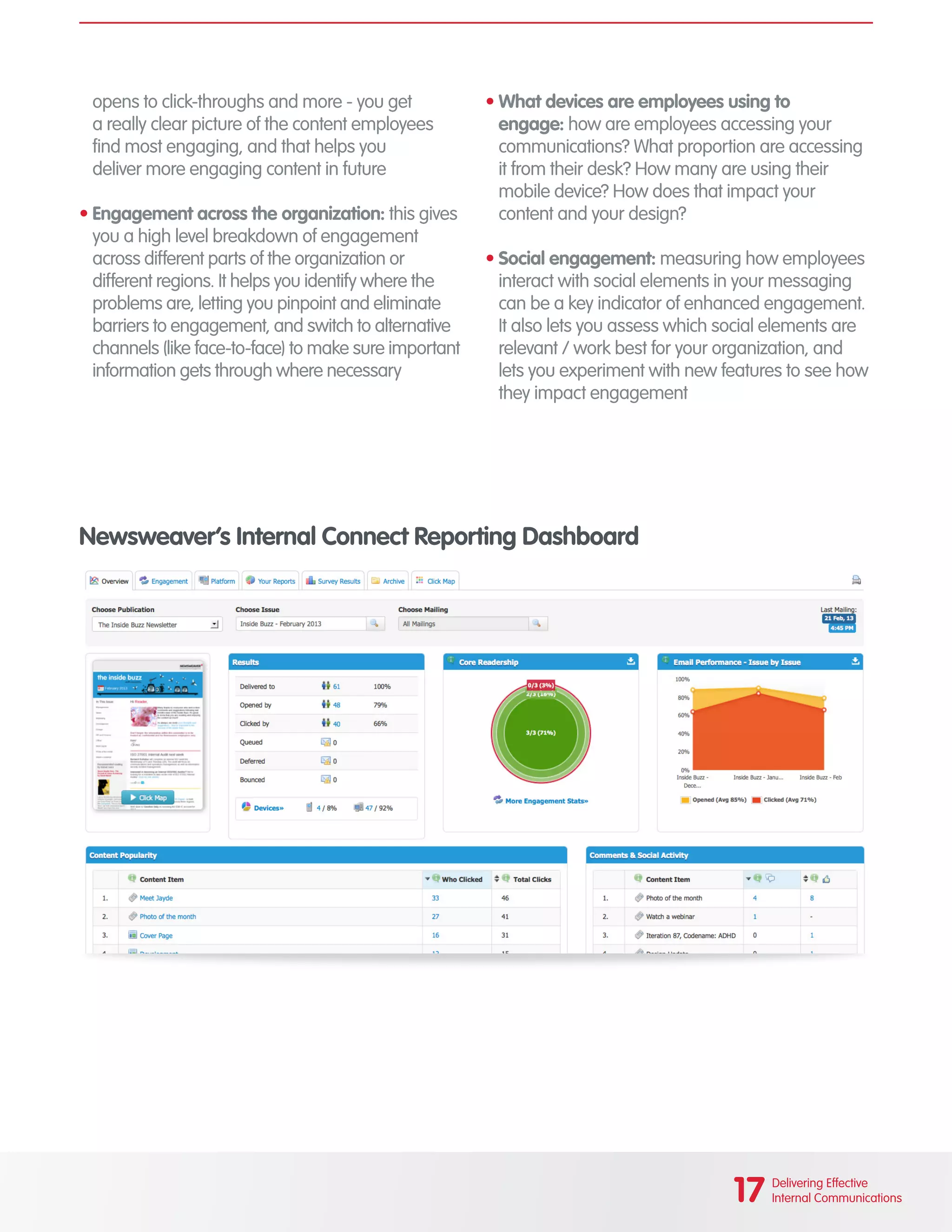 opens to click-throughs and more - you get
a really clear picture of the content employees
find most engaging, and that helps you
deliver more engaging content in future
• Engagement across the organization: this gives
you a high level breakdown of engagement
across different parts of the organization or
different regions. It helps you identify where the
problems are, letting you pinpoint and eliminate
barriers to engagement, and switch to alternative
channels (like face-to-face) to make sure important
information gets through where necessary
• What devices are employees using to
engage: how are employees accessing your
communications? What proportion are accessing
it from their desk? How many are using their
mobile device? How does that impact your
content and your design?
• Social engagement: measuring how employees
interact with social elements in your messaging
can be a key indicator of enhanced engagement.
It also lets you assess which social elements are
relevant / work best for your organization, and
lets you experiment with new features to see how
they impact engagement
Newsweaver’s Internal Connect Reporting Dashboard
17 Delivering Effective
Internal Communications
 