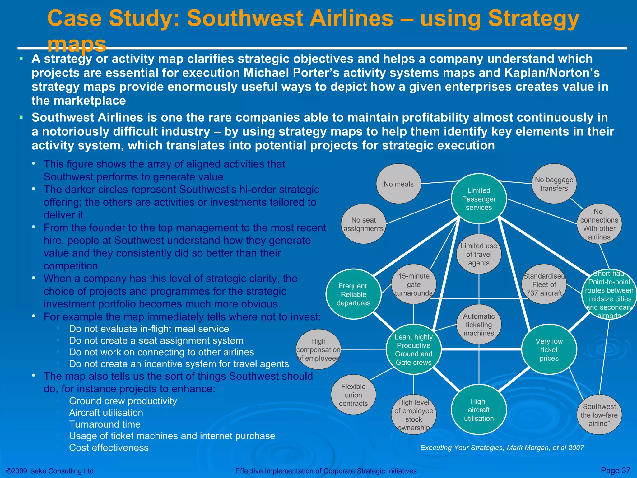 Case Study: Southwest Airlines – using Strategy maps  A strategy or activity map clarifies strategic objectives and helps a company understand which projects are essential for execution Michael Porter’s activity systems maps and Kaplan/Norton’s strategy maps provide enormously useful ways to depict how a given enterprises creates value in the marketplace Southwest Airlines is one the rare companies able to maintain profitability almost continuously in a notoriously difficult industry – by using strategy maps to help them identify key elements in their activity system, which translates into potential projects for strategic execution This figure shows the array of aligned activities that Southwest performs to generate value  The darker circles represent Southwest’s hi-order strategic offering; the others are activities or investments tailored to deliver it From the founder to the top management to the most recent hire, people at Southwest understand how they generate value and they consistently did so better than their competition When a company has this level of strategic clarity, the choice of projects and programmes for the strategic investment portfolio becomes much more obvious. For example the map immediately tells where  not  to invest: Do not evaluate in-flight meal service Do not create a seat assignment system Do not work on connecting to other airlines Do not create an incentive system for travel agents The map also tells us the sort of things Southwest should do, for instance projects to enhance: Ground crew productivity Aircraft utilisation Turnaround time Usage of ticket machines and internet purchase Cost effectiveness Limited Passenger services Frequent, Reliable departures Lean, highly Productive Ground and Gate crews High  aircraft utilisation Short-haul Point-to-point routes between midsize cities and secondary airports Very low ticket prices No seat assignments No meals No baggage transfers No  connections With other airlines “ Southwest, the low-fare airline” High level of employee stock ownership Flexible union contracts High compensation of employees 15-minute gate turnarounds Automatic ticketing machines Standardised Fleet of 737 aircraft Limited use of travel agents Executing Your Strategies, Mark Morgan, et al 2007 