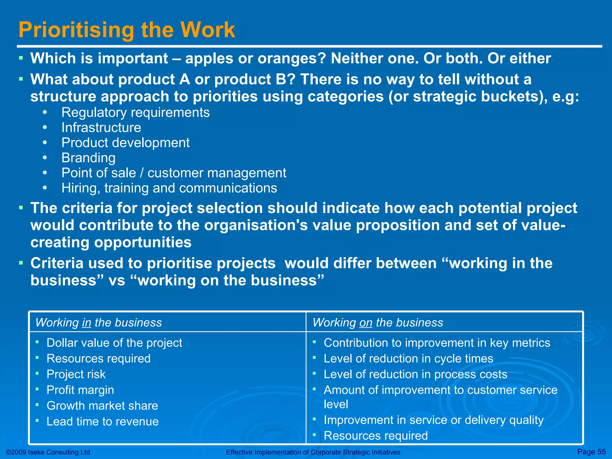 Prioritising the Work Which is important – apples or oranges? Neither one. Or both. Or either What about product A or product B? There is no way to tell without a structure approach to priorities using categories (or strategic buckets), e.g: Regulatory requirements Infrastructure Product development Branding Point of sale / customer management Hiring, training and communications The criteria for project selection should indicate how each potential project would contribute to the organisation's value proposition and set of value-creating opportunities Criteria used to prioritise projects  would differ between “working in the business” vs “working on the business” Contribution to improvement in key metrics Level of reduction in cycle times Level of reduction in process costs Amount of improvement to customer service level Improvement in service or delivery quality Resources required Dollar value of the project Resources required Project risk Profit margin Growth market share Lead time to revenue Working  on  the business Working  in  the business 