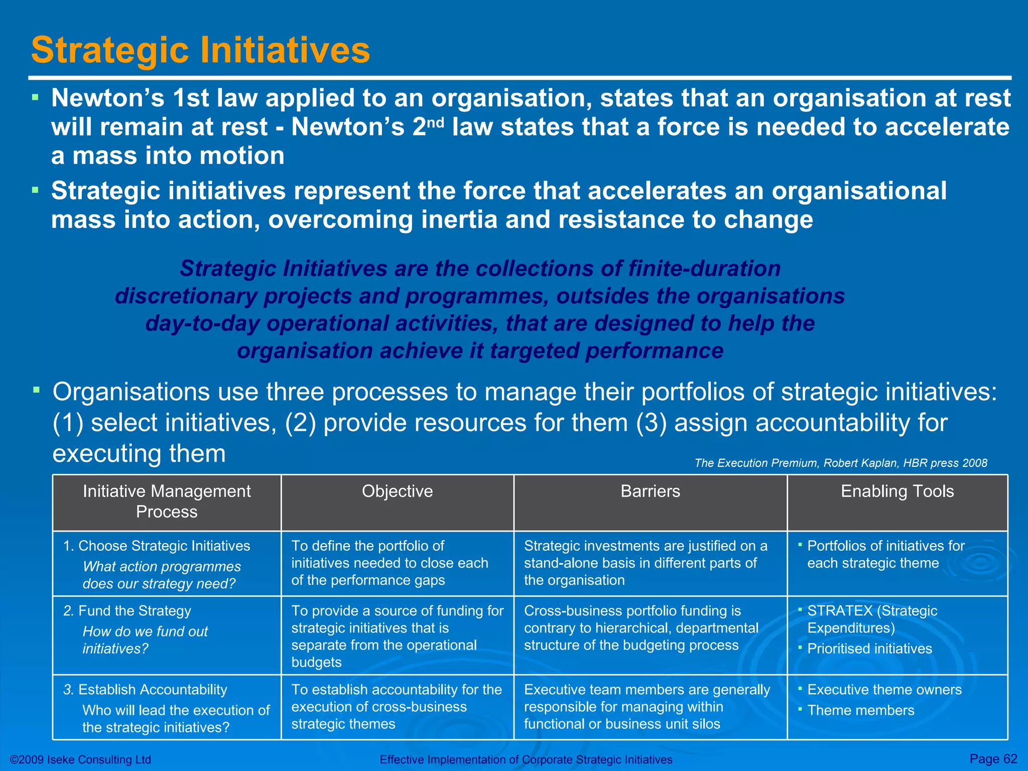 Strategic Initiatives Newton’s 1st law applied to an organisation, states that an organisation at rest will remain at rest - Newton’s 2 nd  law states that a force is needed to accelerate a mass into motion Strategic initiatives represent the force that accelerates an organisational mass into action, overcoming inertia and resistance to change Strategic Initiatives are the collections of finite-duration discretionary projects and programmes, outsides the organisations day-to-day operational activities, that are designed to help the organisation achieve it targeted performance Organisations use three processes to manage their portfolios of strategic initiatives: (1) select initiatives, (2) provide resources for them (3) assign accountability for executing them The Execution Premium, Robert Kaplan, HBR press 2008 Executive theme owners Theme members Executive team members are generally responsible for managing within functional or business unit silos To establish accountability for the execution of cross-business strategic themes 3.  Establish Accountability Who will lead the execution of the strategic initiatives? STRATEX (Strategic Expenditures) Prioritised initiatives Cross-business portfolio funding is contrary to hierarchical, departmental structure of the budgeting process To provide a source of funding for strategic initiatives that is separate from the operational budgets 2.  Fund the Strategy How do we fund out initiatives? Portfolios of initiatives for each strategic theme Strategic investments are justified on a stand-alone basis in different parts of the organisation To define the portfolio of initiatives needed to close each of the performance gaps 1. Choose Strategic Initiatives What action programmes does our strategy need? Enabling Tools Barriers Objective Initiative Management Process 