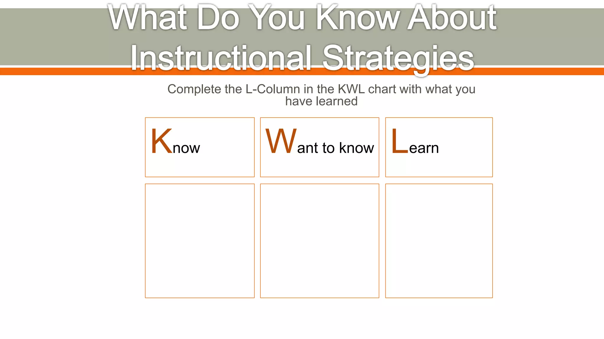 Complete the L-Column in the KWL chart with what you
have learned
Know Want to know Learn
 