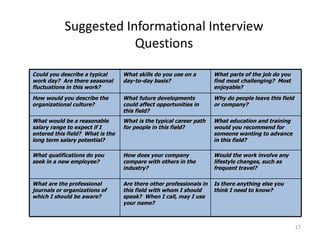 Suggested Informational Interview Questions Could you describe a typical work day?  Are there seasonal fluctuations in thi...