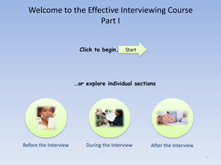 Welcome to the Effective Interviewing Course
                     Part I


                        Click to begin…    Start




                       …or explore individual sections




Before the Interview       During the Interview     After the Interview

                                                                          1
 