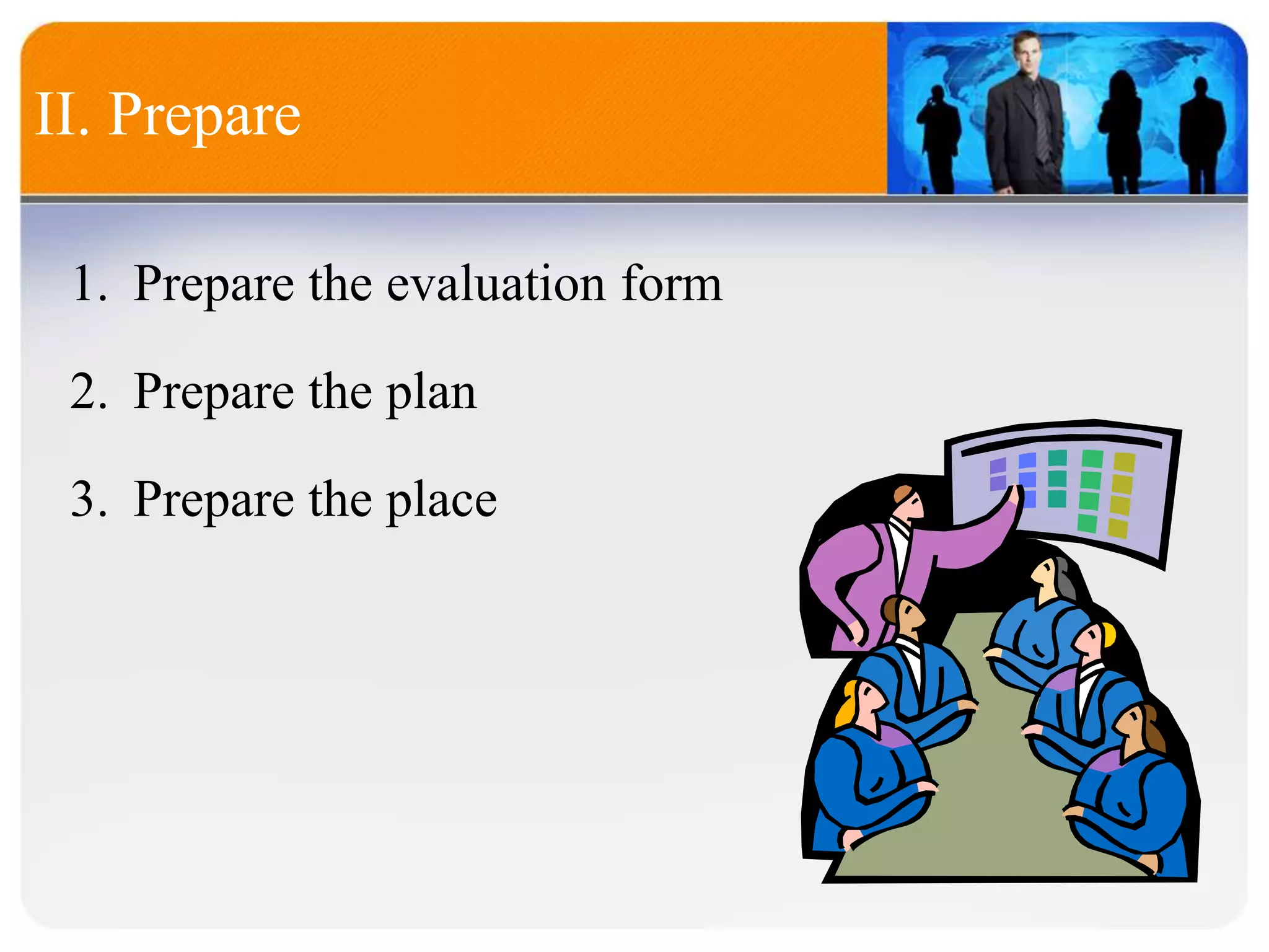 II. Prepare
1. Prepare the evaluation form
2. Prepare the plan
3. Prepare the place
 