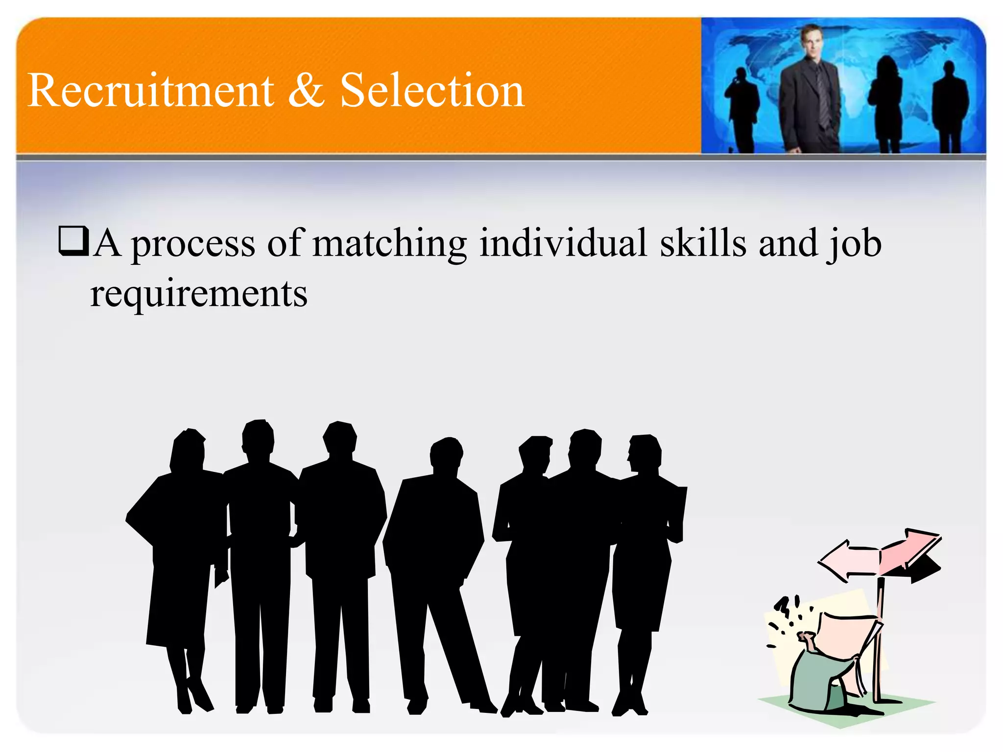 A process of matching individual skills and job
requirements
Recruitment & Selection
 