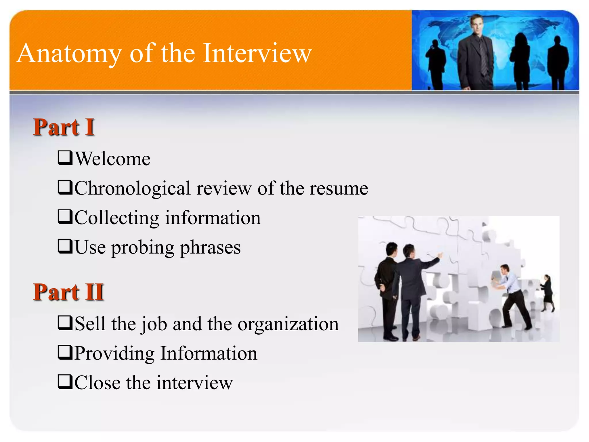 Anatomy of the Interview
Part I
Welcome
Chronological review of the resume
Collecting information
Use probing phrases
Part II
Sell the job and the organization
Providing Information
Close the interview
 