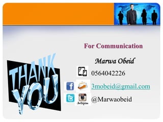 0564042226
3mobeid@gmail.com
@Marwaobeid
For Communication
Marwa Obeid
 