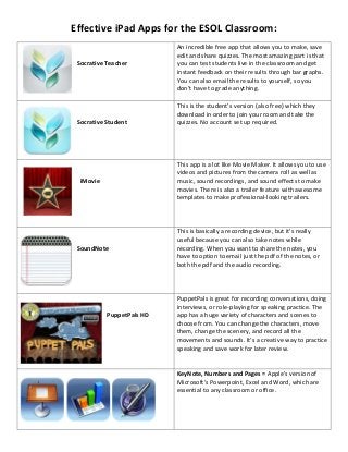 Effective iPad Apps for the ESOL Classroom:
                           An incredible free app that allows you to make, save
                           edit and share quizzes. The most amazing part is that
 Socrative Teacher         you can test students live in the classroom and get
                           instant feedback on their results through bar graphs.
                           You can also email the results to yourself, so you
                           don’t have to grade anything.

                           This is the student’s version (also free) which they
                           download in order to join your room and take the
 Socrative Student         quizzes. No account set up required.




                           This app is a lot like Movie Maker. It allows you to use
                           videos and pictures from the camera roll as well as
  iMovie                   music, sound recordings, and sound effects to make
                           movies. There is also a trailer feature with awesome
                           templates to make professional-looking trailers.



                           This is basically a recording device, but it’s really
                           useful because you can also take notes while
 SoundNote                 recording. When you want to share the notes, you
                           have to option to email just the pdf of the notes, or
                           both the pdf and the audio recording.



                           PuppetPals is great for recording conversations, doing
                           interviews, or role-playing for speaking practice. The
           PuppetPals HD   app has a huge variety of characters and scenes to
                           choose from. You can change the characters, move
                           them, change the scenery, and record all the
                           movements and sounds. It’s a creative way to practice
                           speaking and save work for later review.


                           KeyNote, Numbers and Pages = Apple’s version of
                           Microsoft’s Powerpoint, Excel and Word, which are
                           essential to any classroom or office.
 