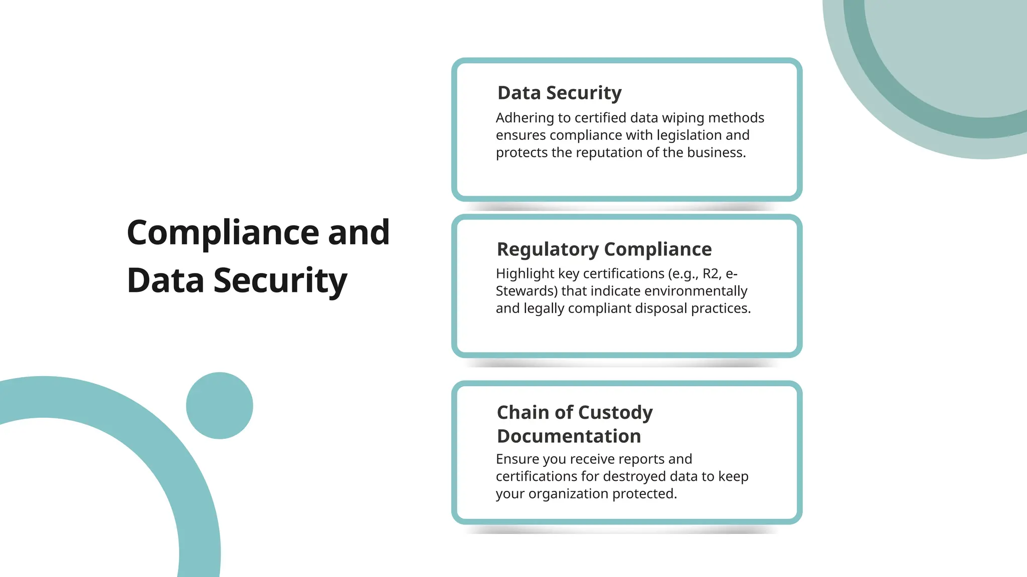 Compliance and
Data Security
Adhering to certified data wiping methods
ensures compliance with legislation and
protects the reputation of the business.
Data Security
Highlight key certifications (e.g., R2, e-
Stewards) that indicate environmentally
and legally compliant disposal practices.
Regulatory Compliance
Ensure you receive reports and
certifications for destroyed data to keep
your organization protected.
Chain of Custody
Documentation
 
